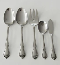 Oneida ARBOR ROSE Stainless Set/5 SERVING PIECES Tablespoons, Meat Fork, etc.