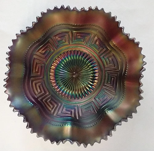 Northwood Carnival Glass Amethyst "GREEK KEY" Ruffled Bowl Antique Deco  FLAWS