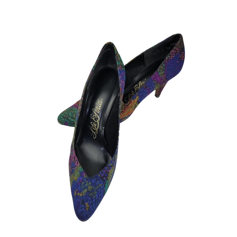 VINTAGE 90's LIFE STRIDE MULTI-COLOR Tapestry Print Pointed  Toe Heels SIZE 7.5 - Image 2 of 4