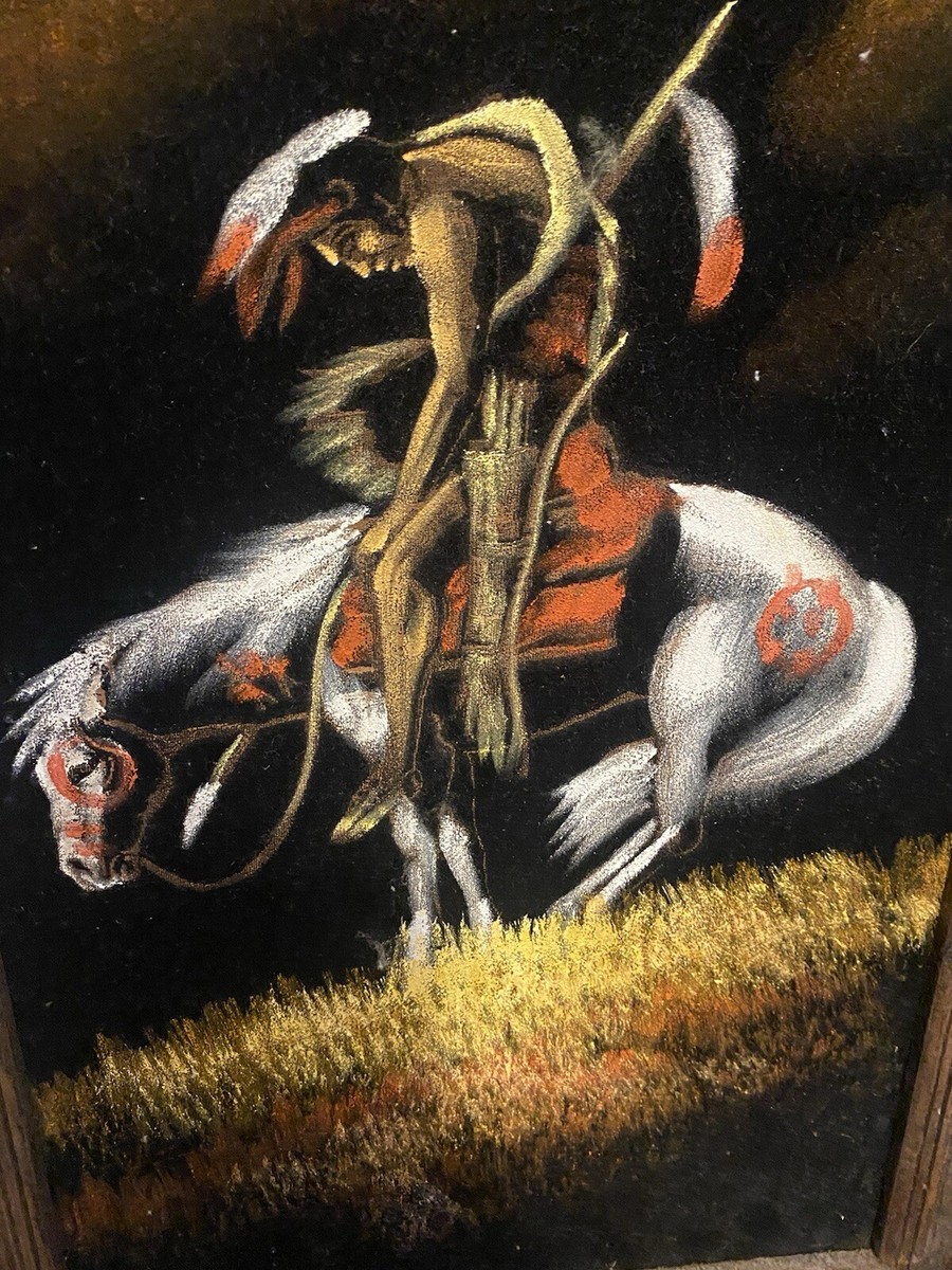 70s ネイティブアメリカン インディアン ベルベットペインティング ベルベット Vtg 70's Velvet Painting Native American Warrior Horseback “End Of