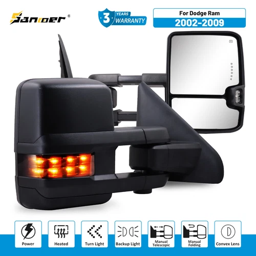 For 2002-2009 Dodge Ram Tow Mirrors Power Heated Puddle Lamp Reverse Light LED