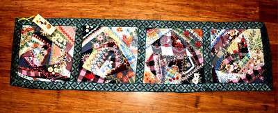Handmade OOAK Crazy Quilt Embroidered Table Runner Sequined Beaded 41'' x 11'' #03