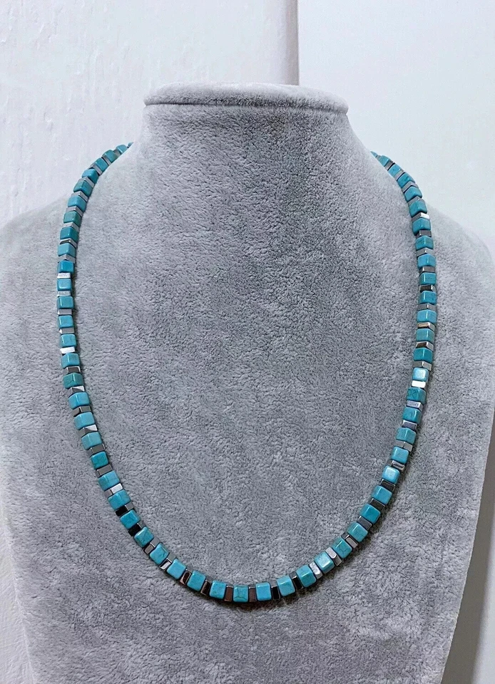 Collana Girocollo Uomo in Pietra Naturale Blu Turchese Ematite cubo argento 4mm - Immagine 3 di 4