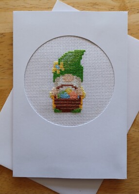 Cute Gnome Easter basket Finished Xstitch White card, blank insert & envelope