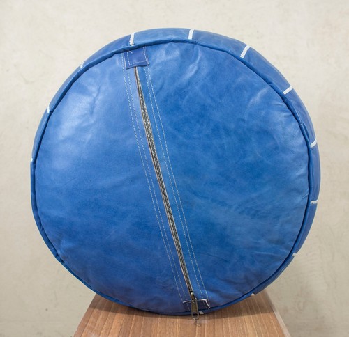 Blue Moroccan ottoman pouf Handmade Moroccan leather floor cushion - Picture 4 of 12