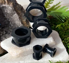 PAIR Black Hexagon Silicone Tunnels Double Flare Plug Earlet Gauges Body Jewelry