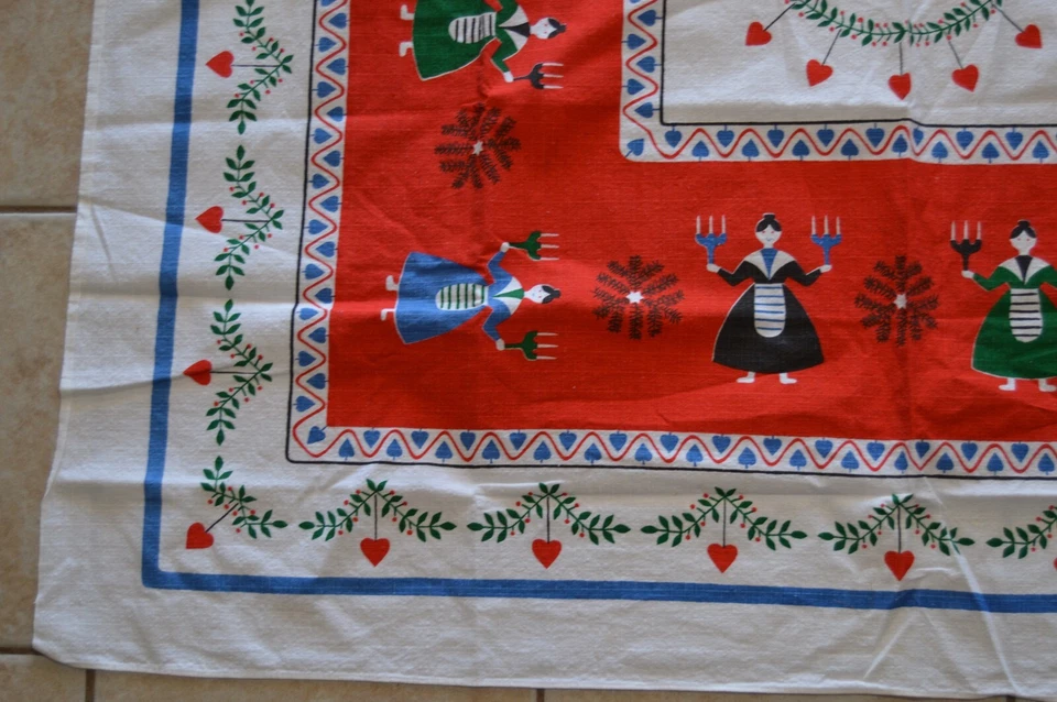 Vintage Christmas Tablecloth Swedish Scandanavian Girls Holding Candles Hearts - image 2 of 4