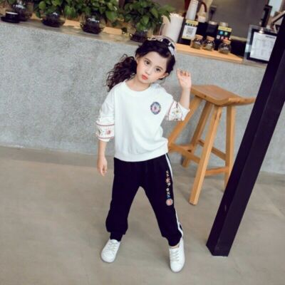 2Pcs Girls Tracksuit Vintage Embroidered Hoodie + Pants Top Outfits