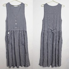 VTG Black Cream Plaid and Gingham Sleeveless Midi Dress - Medium 