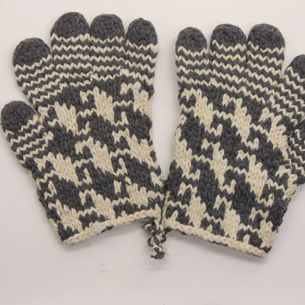 Gray White Pattern Thick Knit Winter Glove Men M-L