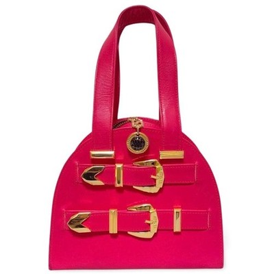 1990s Vintage GIANNI VERSACE Fuchsia Pink Leather Handbag | Gold Buckle Motifs
