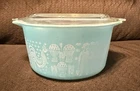 PYREX Amish Butterprint White on Turquoise 1 Quart Round Dish & Glass Lid #473
