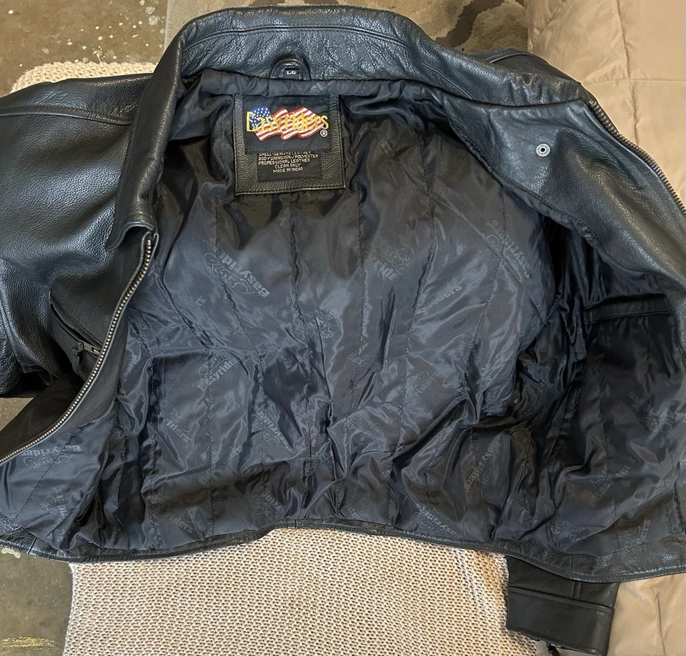 Chaqueta de Motociclista Easy Rider Vintage Cuero Negro Talla L Para Hombre Bolsillos con Cremallera Completa Foto 2 de 4
