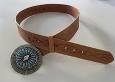 Concha Buckle Tooled Leather Belt WESTERN COWGIRL Faux Turquoise Rhinestone Y2K