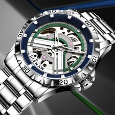 43MM GLENAW Automatic Men Watch Luxury Skeleton Waterproof Stainless Steel NEW