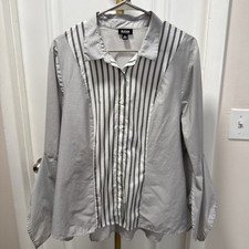 a.n.a. Women  s Button Up Blouse Stretch Size XL Split Sleeve High/low Hem Stripe