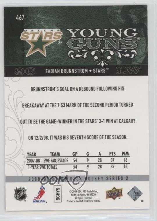 2008 Upper Deck Young Guns UD Exclusives /100 Fabian Brunnstrom #467 Rookie RC - Image 2 of 2