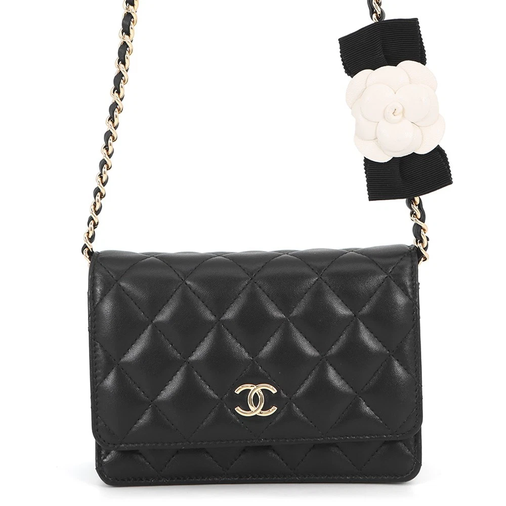 Chanel — CHANEL Matelasse Camellia Ribbon Chain Wallet Lambskin Black AP1649