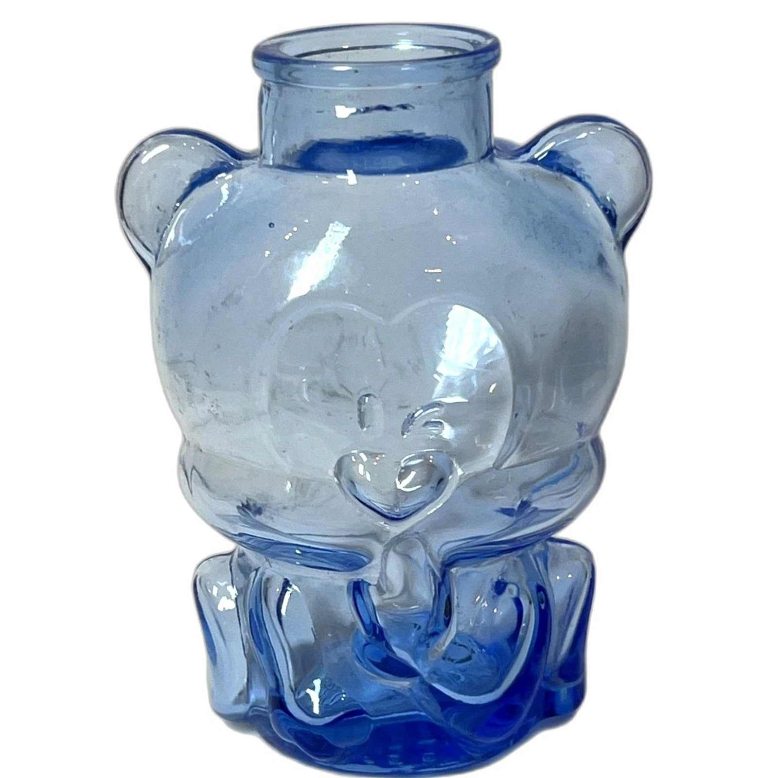 Vintage Morning Glory Blue Glass Bear Jar Vase Art Glass Bottle 76019 No Stopper
