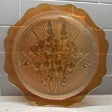 JEANETTE GLASS IRIS AND HERRINGBONE IRIDESCENT CAKE PLATE 12"