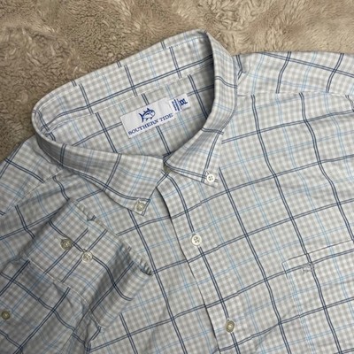 Southern Tide Mens XXL Blue Grey Plaid Performance Long Sleeve Button Down Shirt