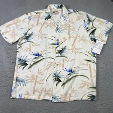 Paradise Found Hawaiian Shirt Mens Large Beige Floral Rayon Camp Button Up