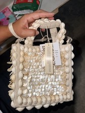 Ivory Shell Beaded Top Handle Bag Zip Closure, Shoulder Strap, Lined Silver