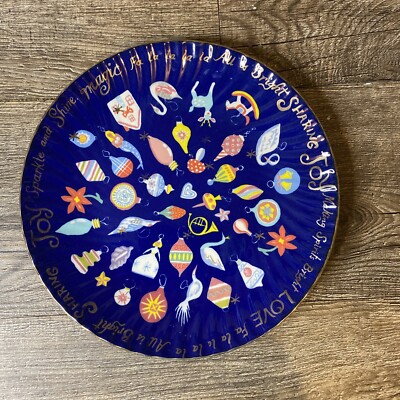 Anthropologie Christmas Plate 8'' Blue Danielle Kroll Making Spirits Bright NOS