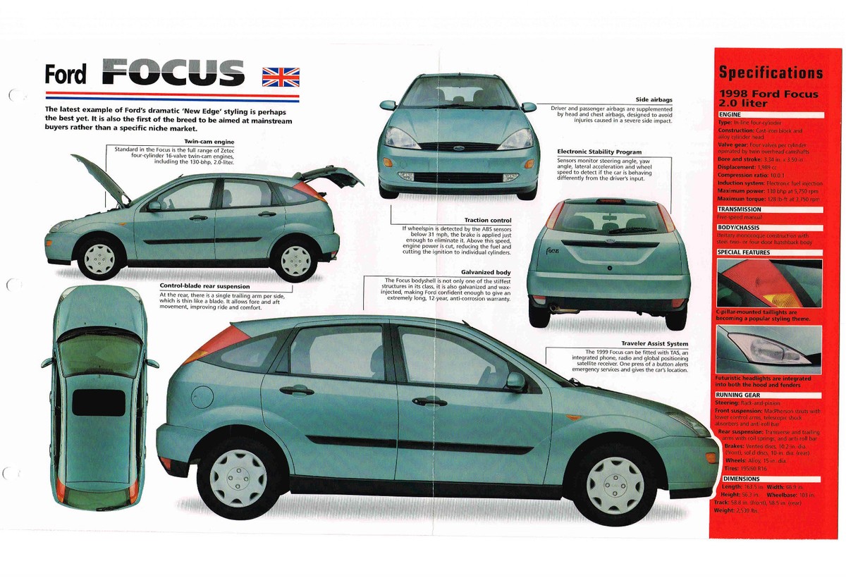 1998 Ford FOCUS (UK): ZETEC SPEC SHEET / Brochure / Catalog