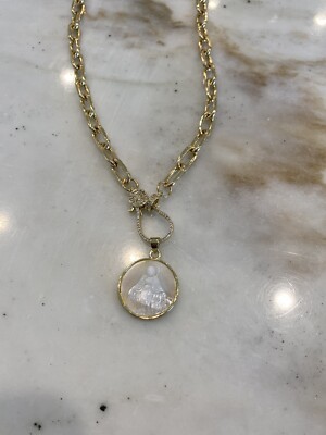 Religious Mother of Pearl Pendant on Gold Link Chain Necklace Stone Line  Clasp