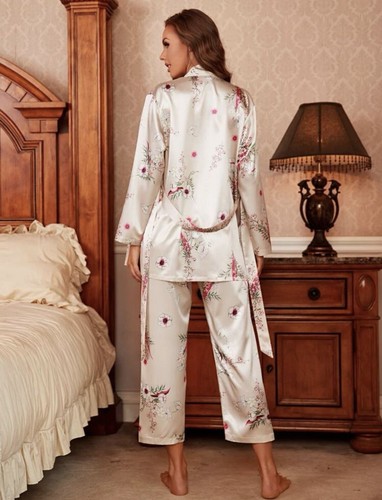 4pcs floral belted satin night set with robe Pajamas For Lady/women Mujer - Picture 2 of 9