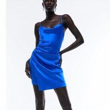 NWT Zara Satin Effect Mini Dress Sleeveless Electric Blue Size S