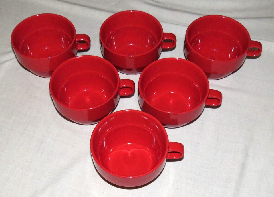 World Market SIX Large 5 x 3.1/2 inch Stackable Ceramic Red Soup Cups