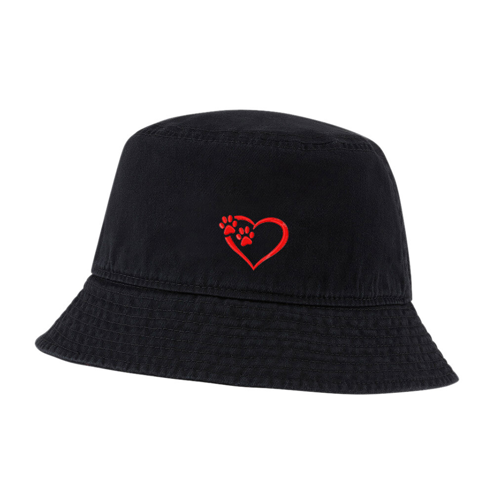 Paw Heart Embroidered Washed Cotton Bucket Hat for Men Women