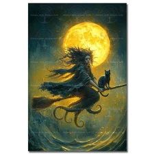 OCTOPUS SIREN WITCH CAT ART PRINT, Halloween Poster Fantasy Mermaid Gothic Decor