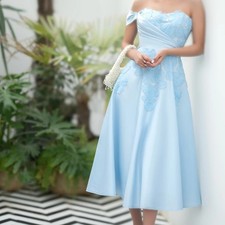 A-line Tea-length Evening Dress Off Shoulder Sleeveless Beading Pleat prom Dress