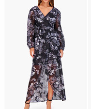 Siena Women's Wrap Maxi Dress 8 Black White Floral Chiffon Sheer V-Neck