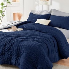 Queen Comforter Set Seersucker 7 Pieces, Queen 88"x 88" Navy Blue/Light Grey