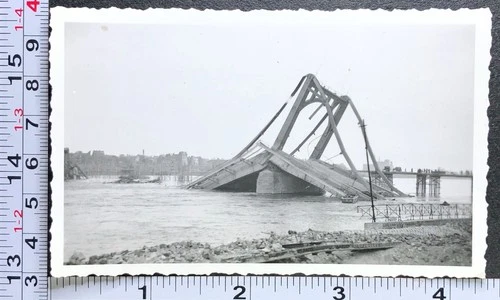 WW2 Era Military BW Photo Snapshot Destroyed Bridge Across Rhine Germany