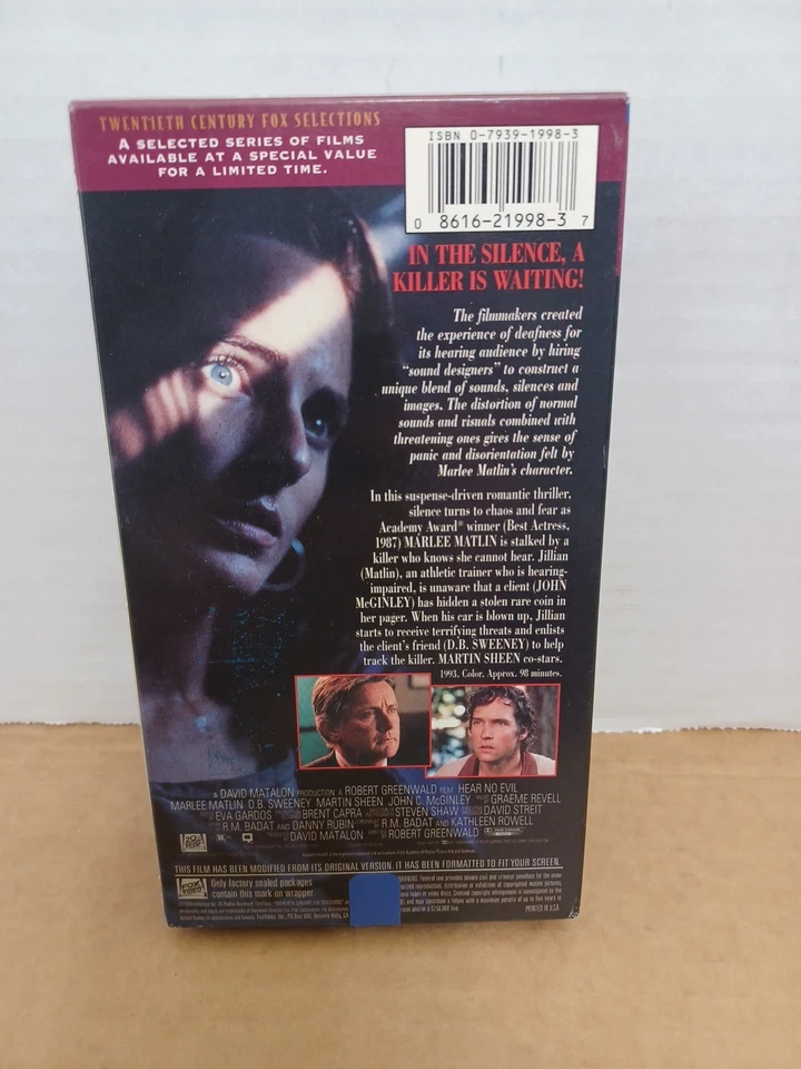Hear No Evil Vtg 1993 VHS Tape 20th Century Fox Video Selections Marlee Matlin - Image 2 of 4