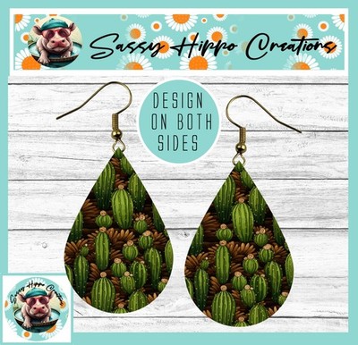 Earrings Teardrop Gold Hook Backs Flowering Cactus Desert Cacti Western MDF