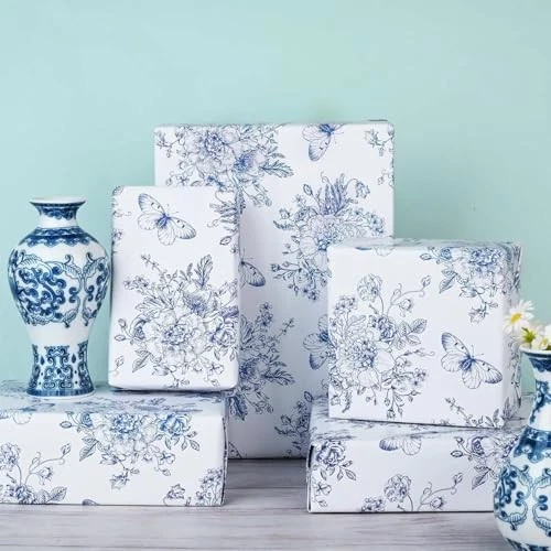 1Roll Black White Floral Wrapping Paper Retro Flowers Butterfly Printed Gift  - Image 3 of 4