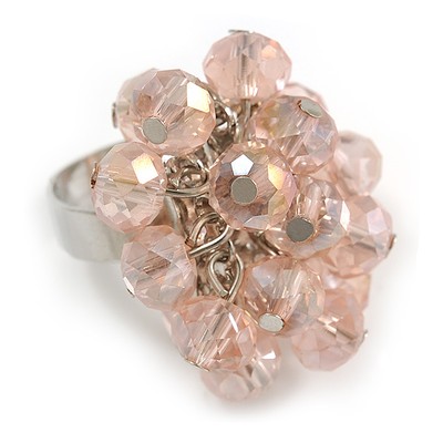 Hellrosa Glasperlen Cluster Ring in silberfarbenem Metall - verstellbar 7/8