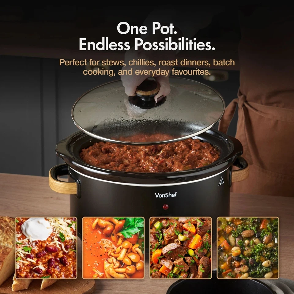VonShef Slow Cooker 3.5L - Removable Non-stick Ceramic Bowl & Tempered Glass Lid - Image 3 of 4