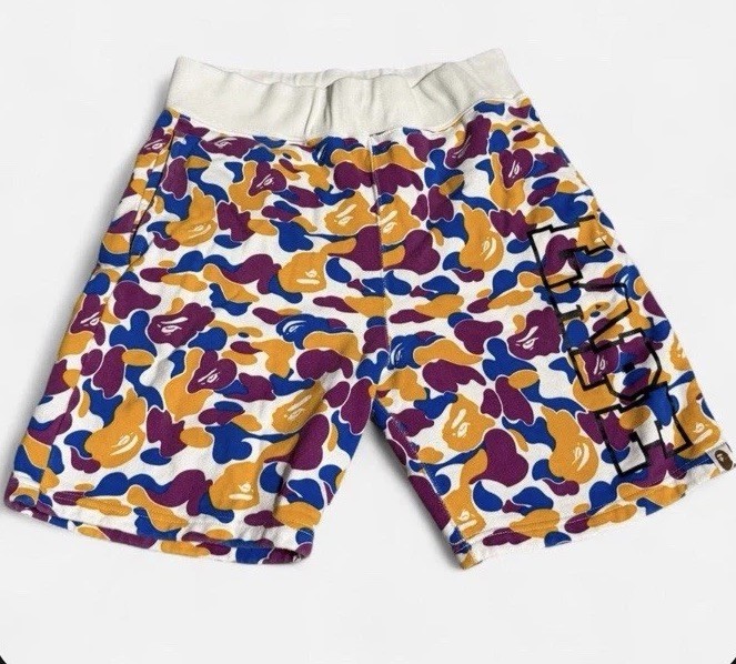 BAPE Store Los Angeles 5th Anniversary Camo Sweat Shorts in Lakers-themed Colors