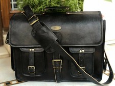 Men's Genuine Goat Leather Messenger Vintage Black Shoulder Laptop Bag Briefcase