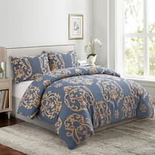 Rayon from Bamboo Bedding Printed 3 Piece Duvet Cover Set, Gold Damask Navy King