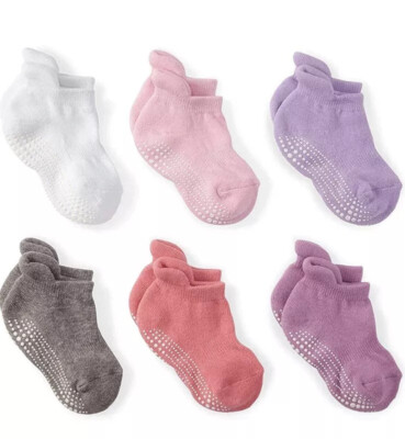 6 pk LA ACTIVE Toddler Girls Non Skid Slip Ankle Socks 12-36 Months Pink Purple
