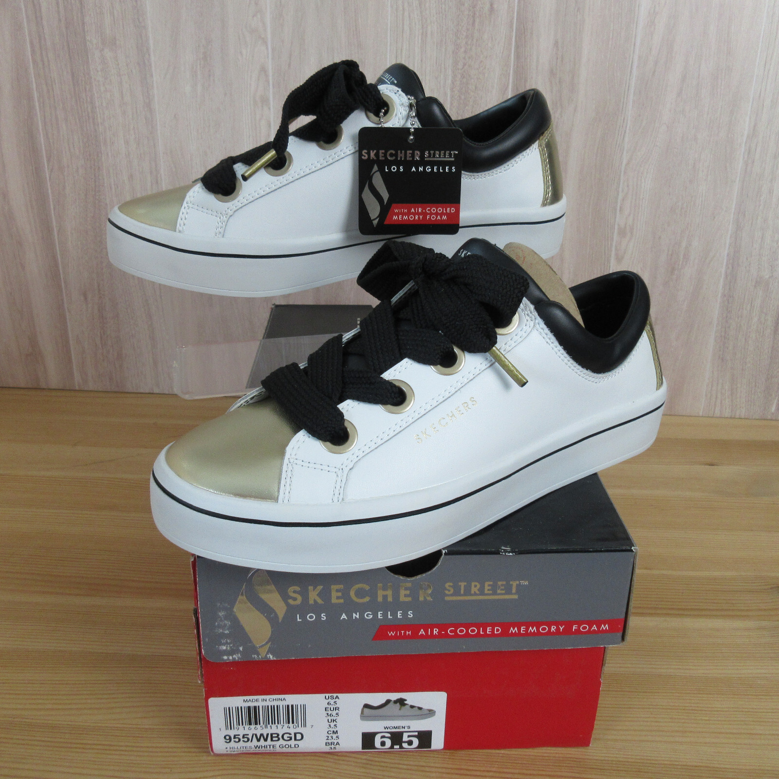 Skechers Street Hi-Lites Womens size 6.5 White Leather Gold Sneakers Memory Foam