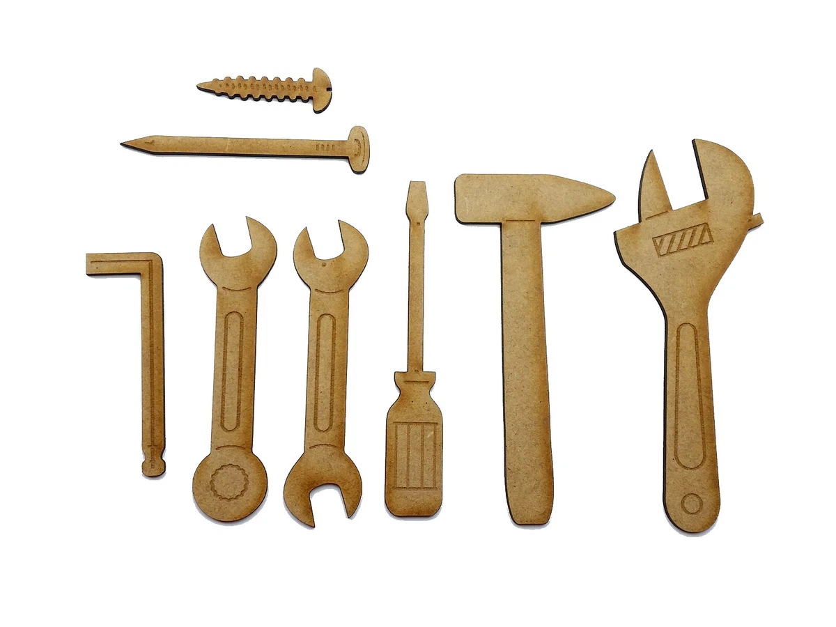 Wooden MDF Tools Screwdriver Hammer craft shape laser cut embellishment SET OF 8